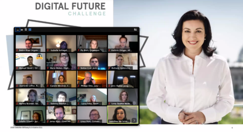 Screenshot aus der Videokonferenz vom DFC-Finale. Man sieht viele einzelne Kacheln mit Gesichtern und im Hintergrund ein großes Porträt von Schirmherrin Dorothee Bär.