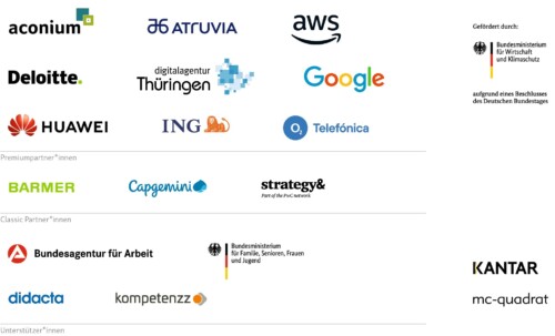 Logotapete der Studienpartner*innen: Förderer: Bundesministerium für Wirtschaft und Klimaschutz // Premiumpartner*innen: aconium GmbH, Atruvia AG, Amazon Web Services EMEA SARL (Niederlassung Deutschland), Deloitte Consulting GmbH, Digitalagentur Thüringen GmbH, Google Germany GmbH, HUAWEI TECHNOLOGIES Deutschland GmbH, ING Deutschland, Telefónica Germany GmbH & Co. OHG // Classic Partner*innen: BARMER, Capgemini Deutschland GmbH, PwC Strategy& (Germany) GmbH // Unterstützer*innen: Bundesagentur für Arbeit, Bundesministerium für Familie, Senioren, Frauen und Jugend, Didacta Verband e. V. – Verband der Bildungswirtschaft, Kompetenzzentrum Technik-Diversity-Chancengleichheit e. V.