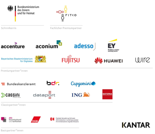 Die Logos aller Partner*innen der Studie eGovernment MONITOR 2024:
Schirmherrin: Bundesministerium des Innern und für Heimat
Fachlicher Premiumpartner: FITKO
Premiumpartner*innen: Accenture, aconium, adesso, EY, Bayerisches Staatsministerium für Digitales, Fujitsu, Huawei, Wire
Classicpartner*innen: Bundeskanzleramt Österreich, Bundesdruckerei, Capgemini, Cassini, Dataport, ING, Materna
Basicpartner*innen: dbb beamtenbund und tarifunion, DGB, Digitale Verwaltung Schweiz.
Durchgeführt von Kantar.