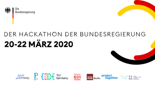 Sharepic. Logo der Bundesregierung und vom Hackathon WirVsVirus sowie die Logos der 7 Initiatoren Bundesregierung, Tech4Germany, Code for Germany, Initiative D21, Impact Hub Berlin, ProjectTogether, Prototype Fund, SEND e.V.
