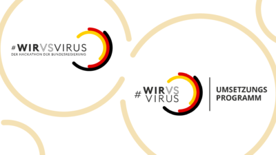 Sharepic. in Goldenen Kreisen sind einmal das Logo des WirVsVirus-Hackathons und einmal der Slogan "Umsetzungsprogramm" zu sehen