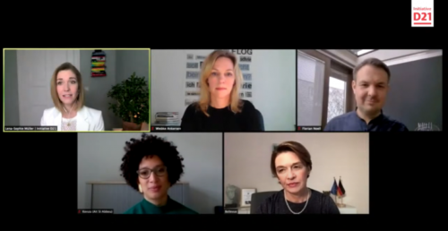 Panel in einer Videokonferenz: Lena-Sophie Müller, Wiebke Ankersen, Florian Nöll, Kenza Ait Si Abbou und Elke Büdenbender