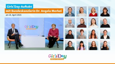 Eine Collage mit einem Foto von D21-Präsident und der Bundeskanzlerin Dr. Angela Merkel und den Portraits der Schülerinnen zum Auftakt des Girls'Day 2021.
