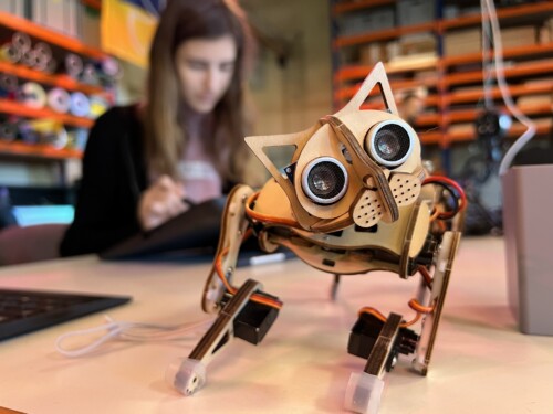 Ein Hunde-Roboter schaute den Mädchen bei der Arbeit am Grafik-Tablet zu.