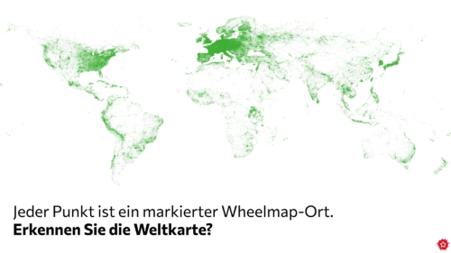 Eine Weltkarte aus vielen grünen Punkten, die symbolisieren, wo schon Wheelmap-Orte angelegt wurden