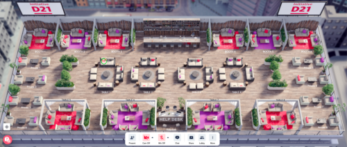 Screenshot aus der Software Remo. Auf einer virtuellen Dachterrasse können sich Menschen an verschiedene Tische platzieren.