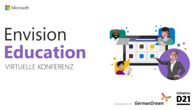 Banner: Envision Education. Virtuelle Konferenz. Microsoft in Kooperation mit German Dream, Initiative D21