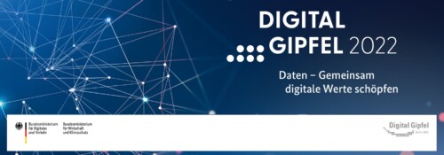 Sharepic. "Digital-Gipfel 2022: Daten: Gemeinsam digitale Werte schöpfen" auf blauem Grund. Dazu Logos von BMDV und BMWK sowie Digital-Gipfe-Logo
