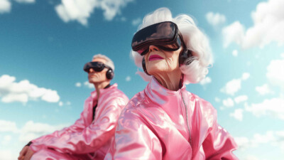 2 ältere Personen in rosa-glänzenden Trainingsanzügen mit VR-Brillen vor blauem Himmel mit kleinen Wölkchen